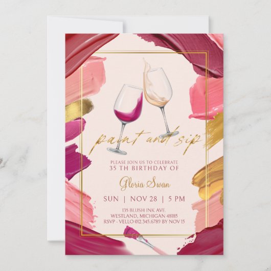 ブルゴーニュ絵を描金ゴールドとSIP誕生日招待状 招待状 (正面)