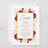 ブルゴーニュ色のピンクと黄色のフローラエレガントな結婚式 セーブザデート (正面)