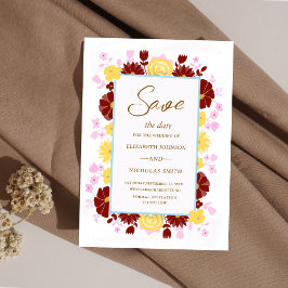 ブルゴーニュ色のピンクと黄色のフローラエレガントな結婚式 セーブザデート