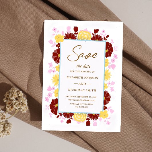 ブルゴーニュ色のピンクと黄色のフローラエレガントな結婚式 セーブザデート
