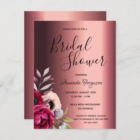 ブルゴーニュ花模様のブライダルシャワー招待 ポストカード (正面/裏面)