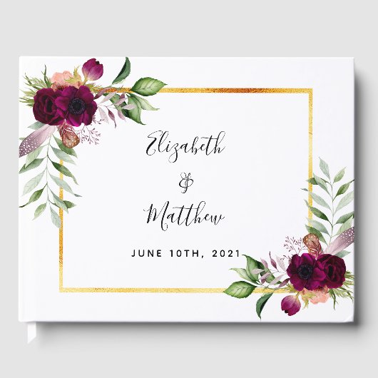 ブルゴーニュ花模様の緑のセージ結婚グリーン ゲストブック (正面)