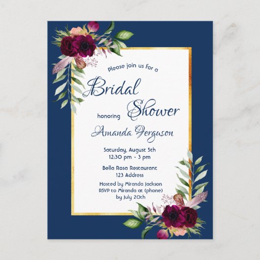 ブルゴーニュ花模様ネイビーブルー金ゴールドボーホブライダルシャワー ポストカード (正面)