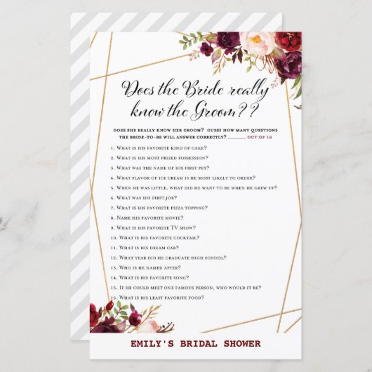 ブルゴーニュ花模様ブライダルシャワーゲームプリント (正面/裏面)