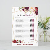 ブルゴーニュ花模様ブライダルシャワーゲームプリント (スタンド正面)