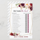 ブルゴーニュ花模様ブライダルシャワーゲームプリント (正面/裏面)