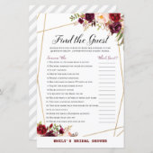 ブルゴーニュ花模様ブライダルシャワーゲームプリント (正面/裏面)