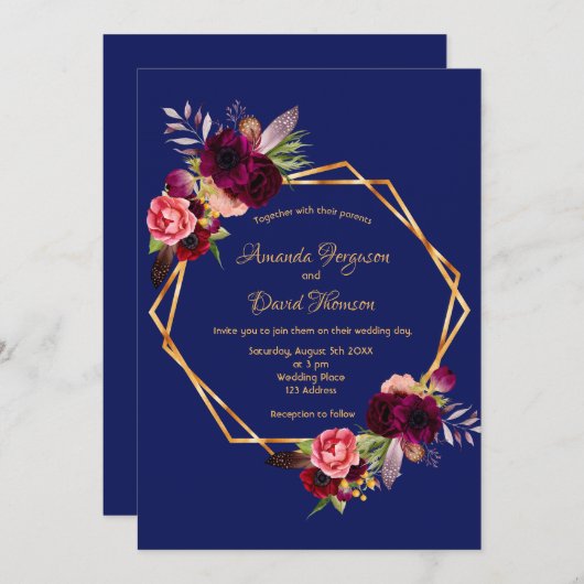 ブルゴーニュ花模様ブルージオメトリックボー結婚ホーズ 招待状 (正面/裏面)