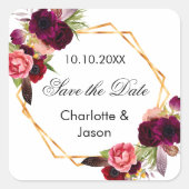 ブルゴーニュ花模様幾何学的ウェディング日付を保存 スクエアシール (正面)