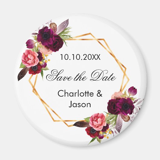 ブルゴーニュ花模様幾何学的ウェディング日付を保存 マグネット (正面)