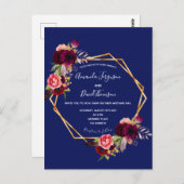 ブルゴーニュ花模様幾何学的ブルー結婚式招待状 ポストカード (正面/裏面)