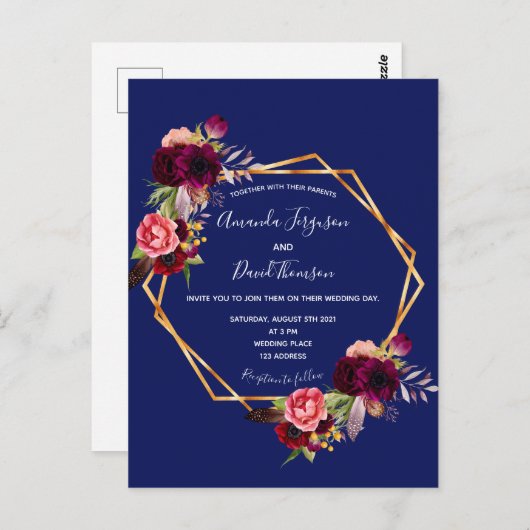 ブルゴーニュ花模様幾何学的ブルー結婚式招待状 ポストカード (正面/裏面)