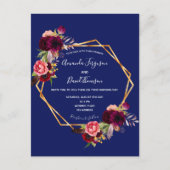 ブルゴーニュ花模様幾何学的ブルー結婚式招待状 ポストカード (正面)