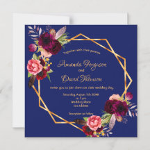 ブルゴーニュ花模様幾何学的ブルー結婚式招待状