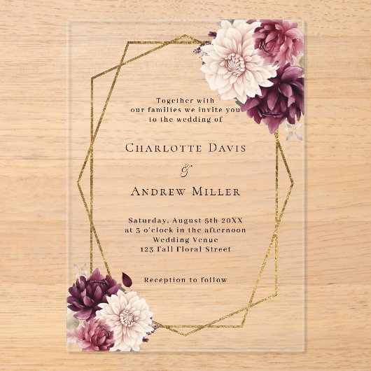 ブルゴーニュ花模様澄ん幾何結婚の アクリル招待状 (正面)