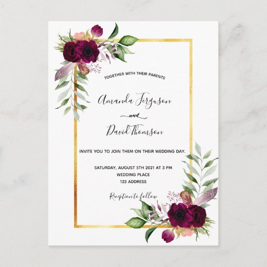 ブルゴーニュ花模様金ゴールドボホ結婚式招待状 ポストカード (正面)