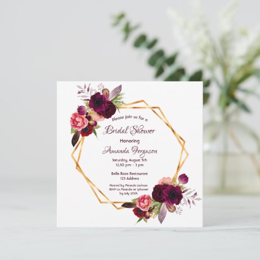 ブルゴーニュ花模様金ゴールド幾何学的ボーホブライダルシャワー 招待状 (スタンド正面)