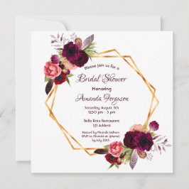 ブルゴーニュ花模様金ゴールド幾何学的ボーホブライダルシャワー 招待状