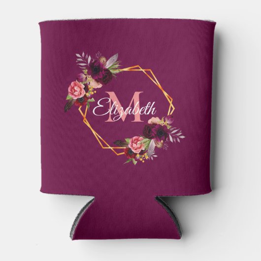 ブルゴーニュ花模様金ゴールド幾何学的モノグラム 缶クーラー (正面)