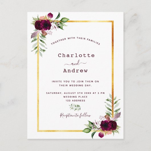 ブルゴーニュ花模様金ゴールド緑のボホ結婚の ポストカード (正面)