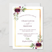 ブルゴーニュ花模様金ゴールド緑のボホ結婚の マグネット招待状 (正面)