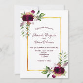 ブルゴーニュ花模様金ゴールド緑のボホ結婚の 招待状 (正面)