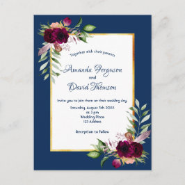 ブルゴーニュ花模様金ゴールド緑ボホブルー結婚ズ ポストカード