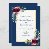 ブルゴーニュ花模様金ゴールド緑ボホブルー結婚ズ 招待状 (正面/裏面)