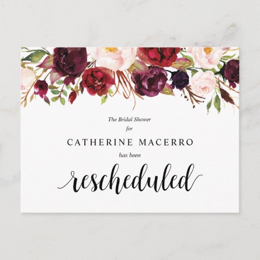 ブルゴーニュ花模様、黒、ブライダルシャワー延期 ポストカード (正面)
