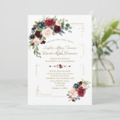 ブルゴーニュ花金ゴールドグリッターフレーム結婚ネイビー 招待状 (スタンド正面)