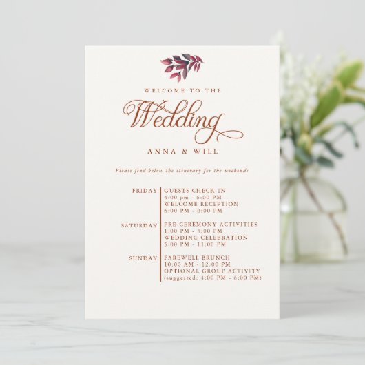 ブルゴーニュ葉のエレガント秋の結婚式日程 招待状 (スタンド正面)