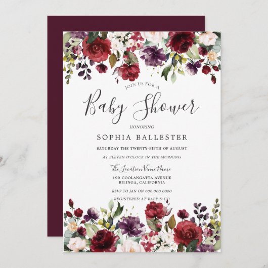 ブルゴーニュ赤い植物性ベビーシャワー 招待状 (正面/裏面)