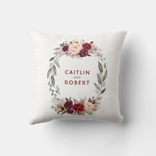 ブルゴーニュ赤い水の色の花ロマンチックエレガントな クッション (裏面)