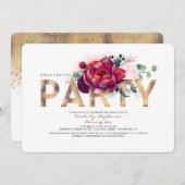 ブルゴーニュ赤い花と金ゴールド卒業パーティー 招待状 (正面/裏面)