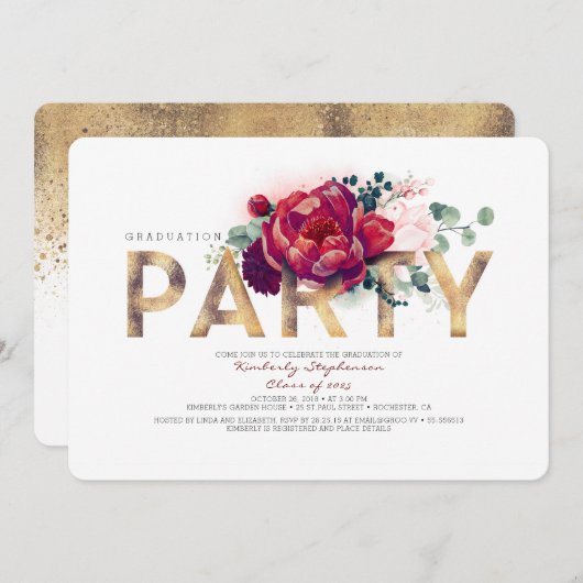 ブルゴーニュ赤い花と金ゴールド卒業パーティー 招待状 (正面/裏面)