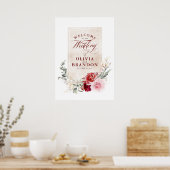 ブルゴーニュ赤い花エレガントなウェディングウェルカムサイン ポスター (キッチン)