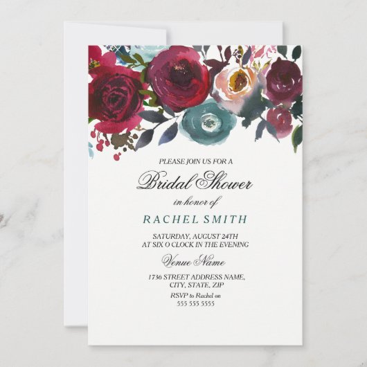 ブルゴーニュ赤い花ブライダルシャワー招待 招待状 (正面)