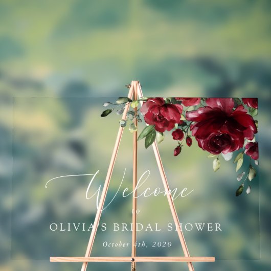 ブルゴーニュ赤い花ボホ、ブライダルシャワー歓迎 アクリルサイン (ニュートラル)