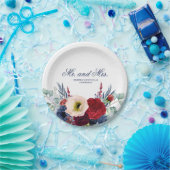 ブルゴーニュ赤とネイビーの花秋の結婚式 ペーパープレート (パーティー)