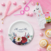 ブルゴーニュ赤とネイビーの花秋の結婚式 ペーパープレート (パーティー)