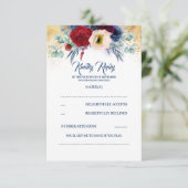 ブルゴーニュ赤とネイビーブルー航海のウェディングRSVP 出欠カード (スタンド正面)