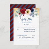 ブルゴーニュ赤とネイビーブルー航海のウェディングRSVP 出欠カード (正面/裏面)