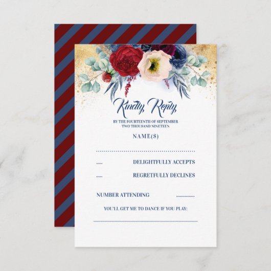 ブルゴーニュ赤とネイビーブルー航海のウェディングRSVP 出欠カード (正面/裏面)