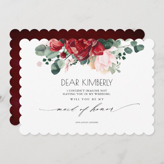 ブルゴーニュ赤とピンクが私のメイド・オブ・オーナー(花嫁付き添い人) 招待状 (正面/裏面)