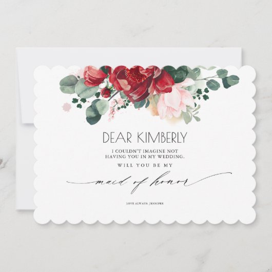 ブルゴーニュ赤とピンクが私のメイド・オブ・オーナー(花嫁付き添い人) 招待状 (正面)