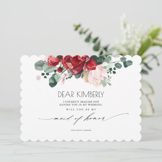 ブルゴーニュ赤とピンクが私のメイド・オブ・オーナー(花嫁付き添い人) 招待状 (スタンド正面)