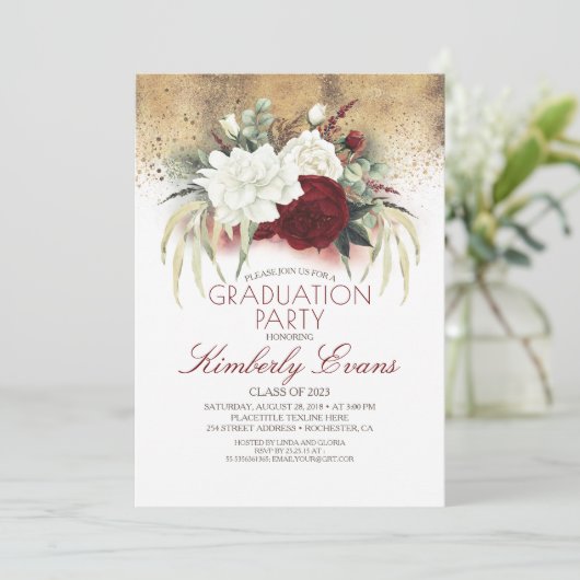 ブルゴーニュ赤と白フローラエレガント卒業 招待状 (スタンド正面)