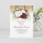 ブルゴーニュ赤と白フローラエレガント誕生日 招待状 (スタンド正面)