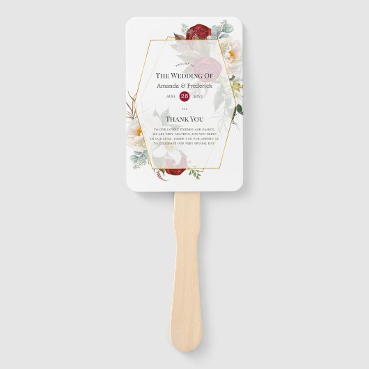 ブルゴーニュ赤と白フローラ幾何結婚の ハンドファン (正面)