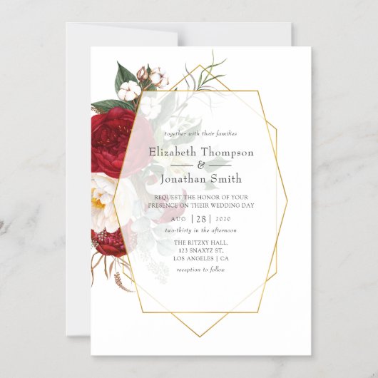 ブルゴーニュ赤と白フローラ幾何結婚の マグネット招待状 (正面)